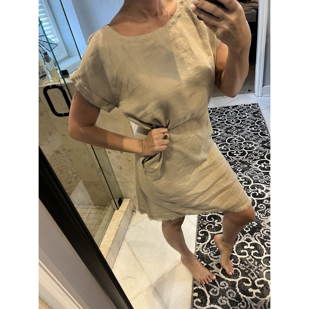 MAGASCHONI  Sand Short Sleeve 100% Linen Mini Dress - Beige Fringe S Pockets